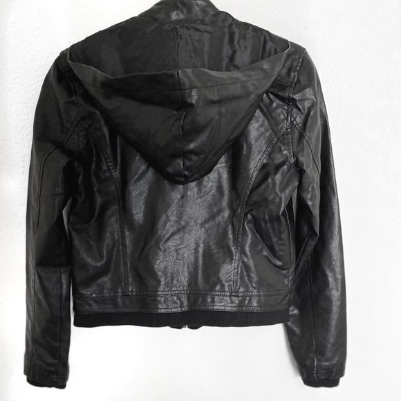 Black Faux Leather Hooded Zip-up Moto Jacket - Picture 2 of 5